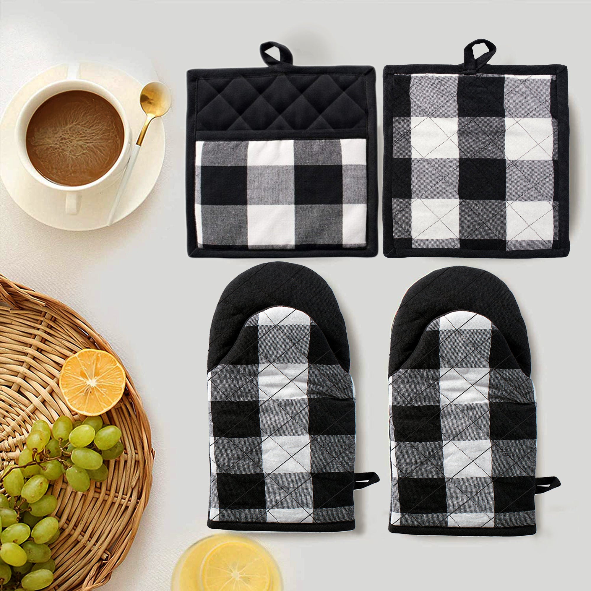 Checkered Oven Mitts And Pot Holder, Heat Resistant Gloves And